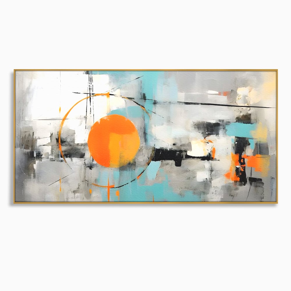 Tablou canvas cu pictura abstracta cu cerc portocaliu, in rama de aluminiu auriu